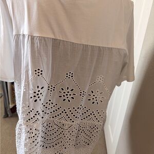 Chico's White Short Sleeve blouse with Lace Eyelet Panels